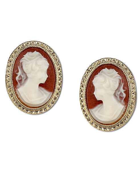 1928 Jewelry Dark Carnelian Red Victorian Style Cameo Stud Earrings