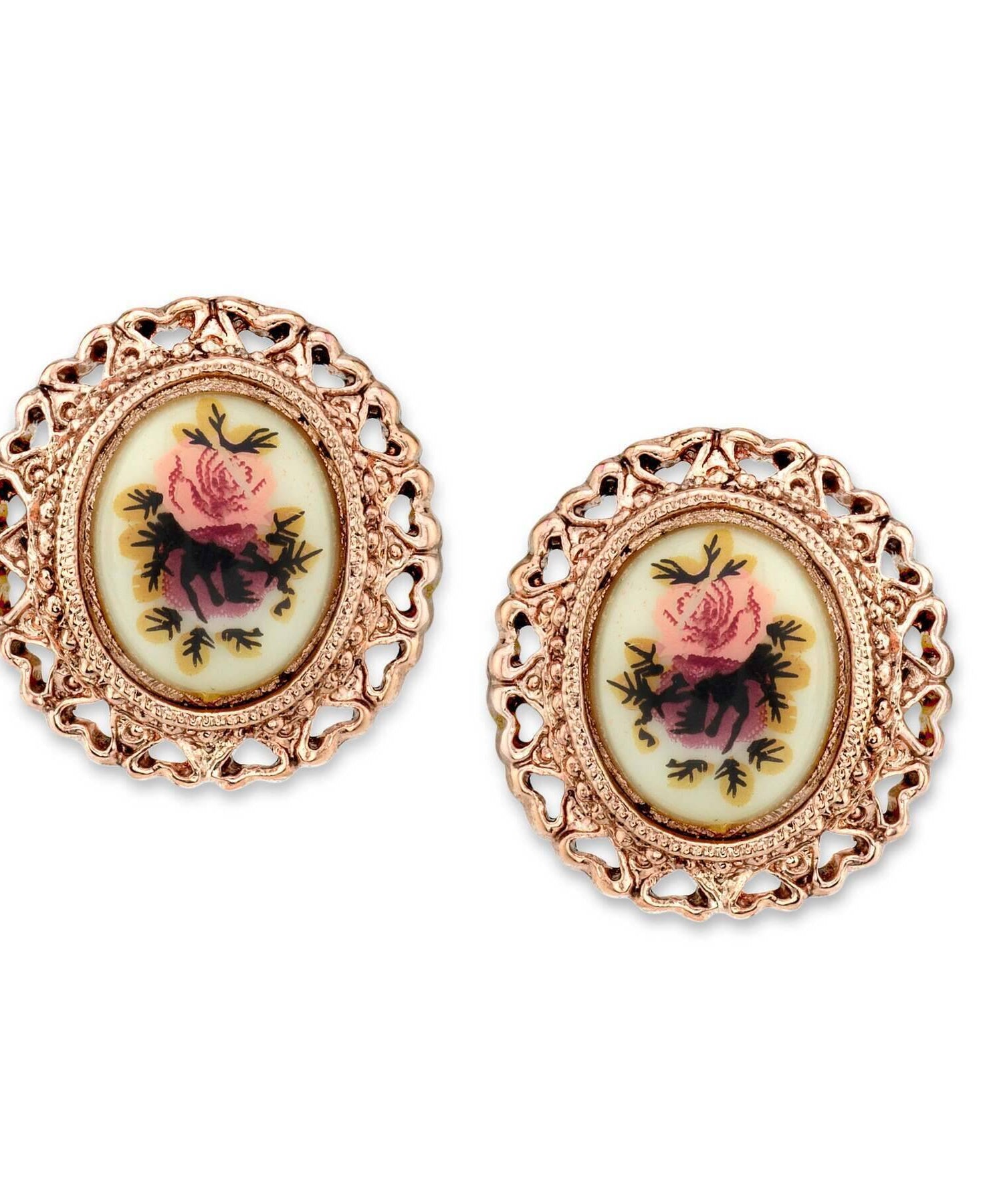 1928 Jewelry Manor House Pink & Purple Rose Flower Hearts Button Earrings