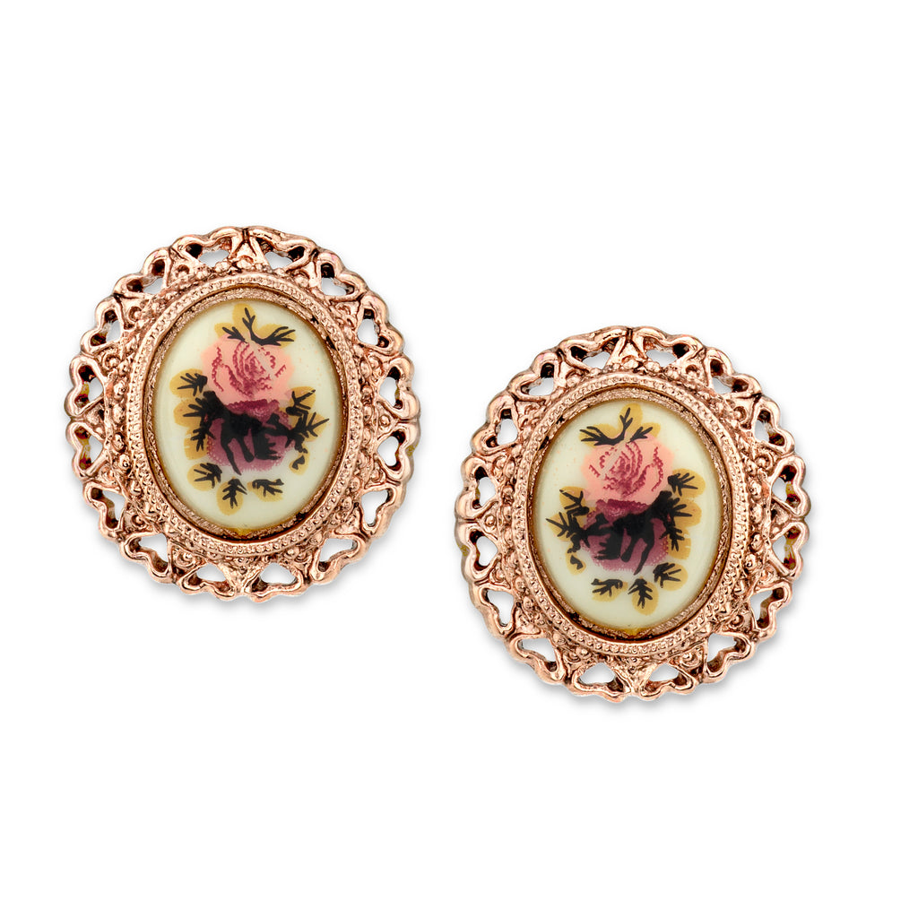 Rose Gold Tone Purple Flower Button Earrings