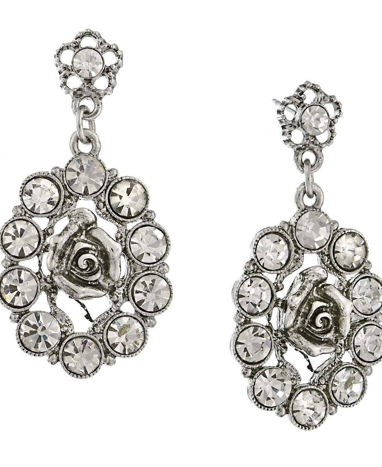 1928 Bridal Crystal Oval Flower Drop Earrings