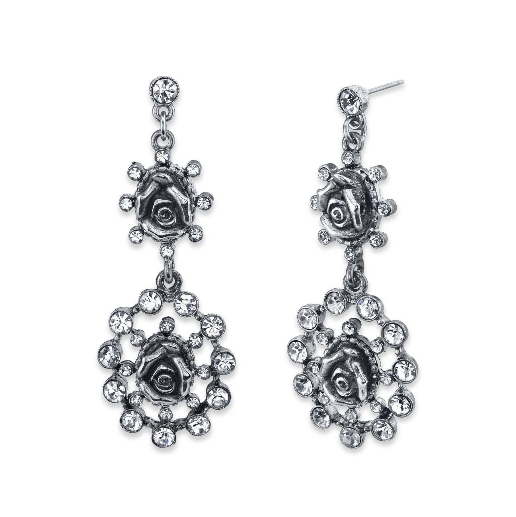 1928 Jewelry Crystal Flower Double Drop Earrings