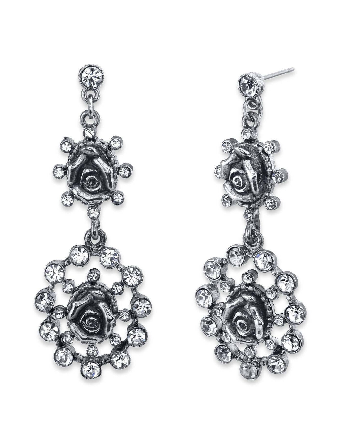 1928 Jewelry Crystal Flower Double Drop Earrings