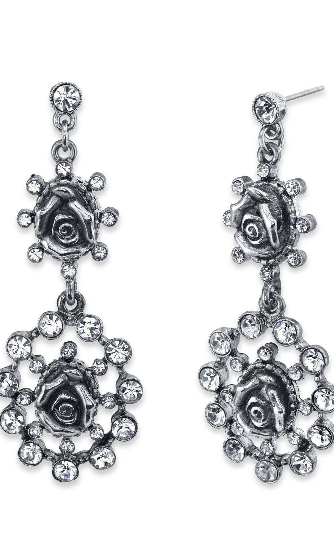 1928 Jewelry Crystal Flower Double Drop Earrings