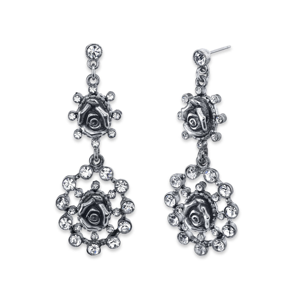 Silver Tone Crystal Flower Double Drop Earrings