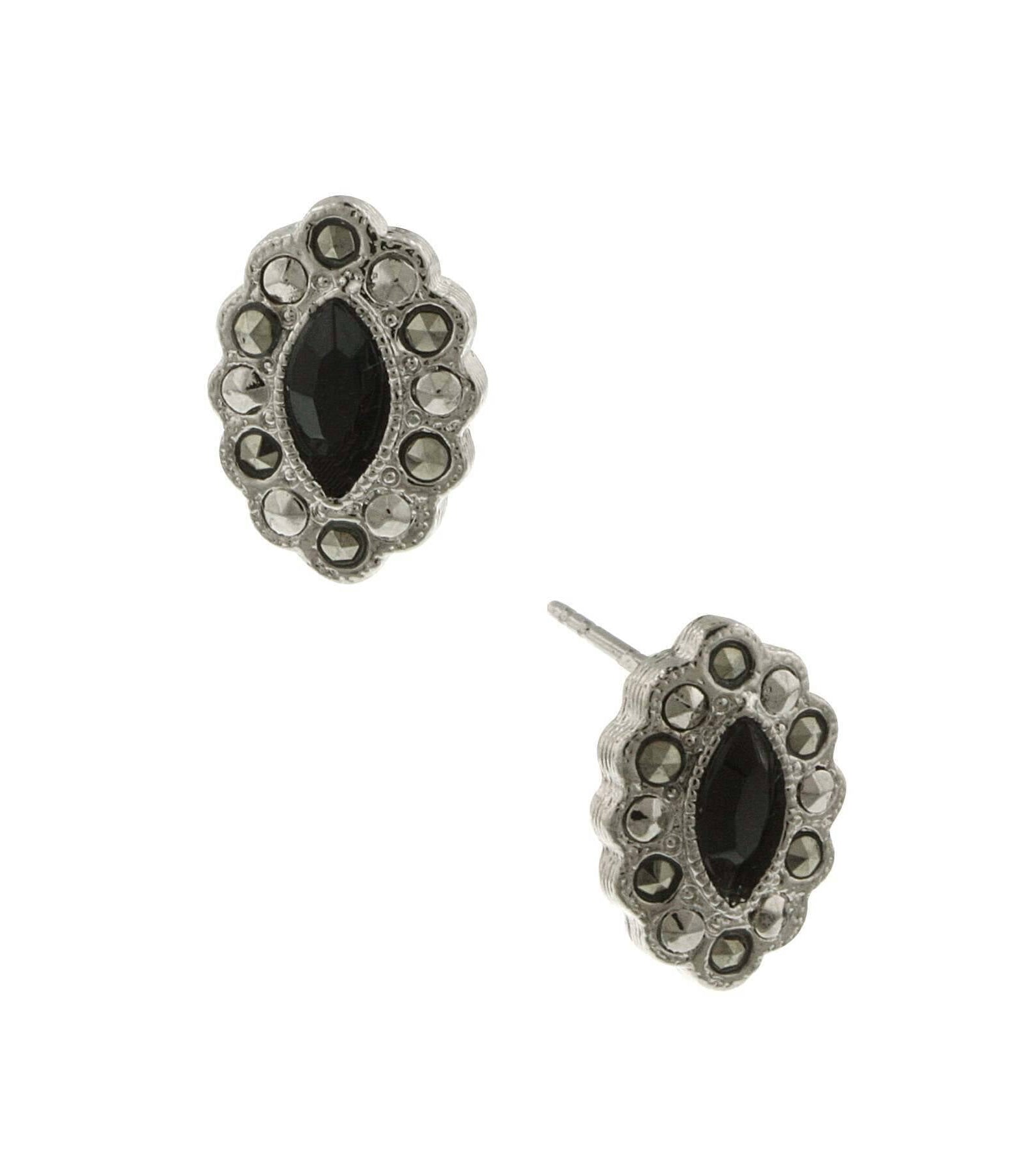 1928 Jewelry Marcasite And Black Navette Button Earrings