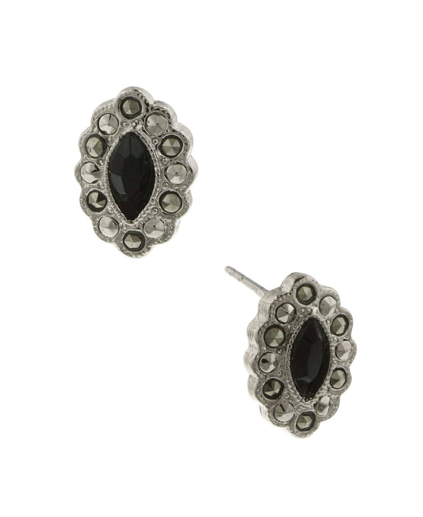 1928 Jewelry Marcasite And Black Navette Button Earrings