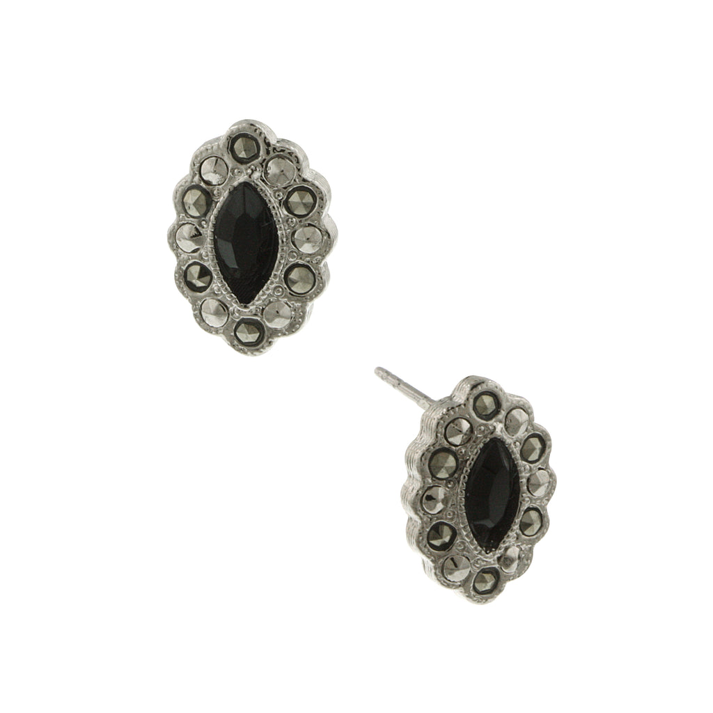 Marcasite And Black Navette Button Earrings