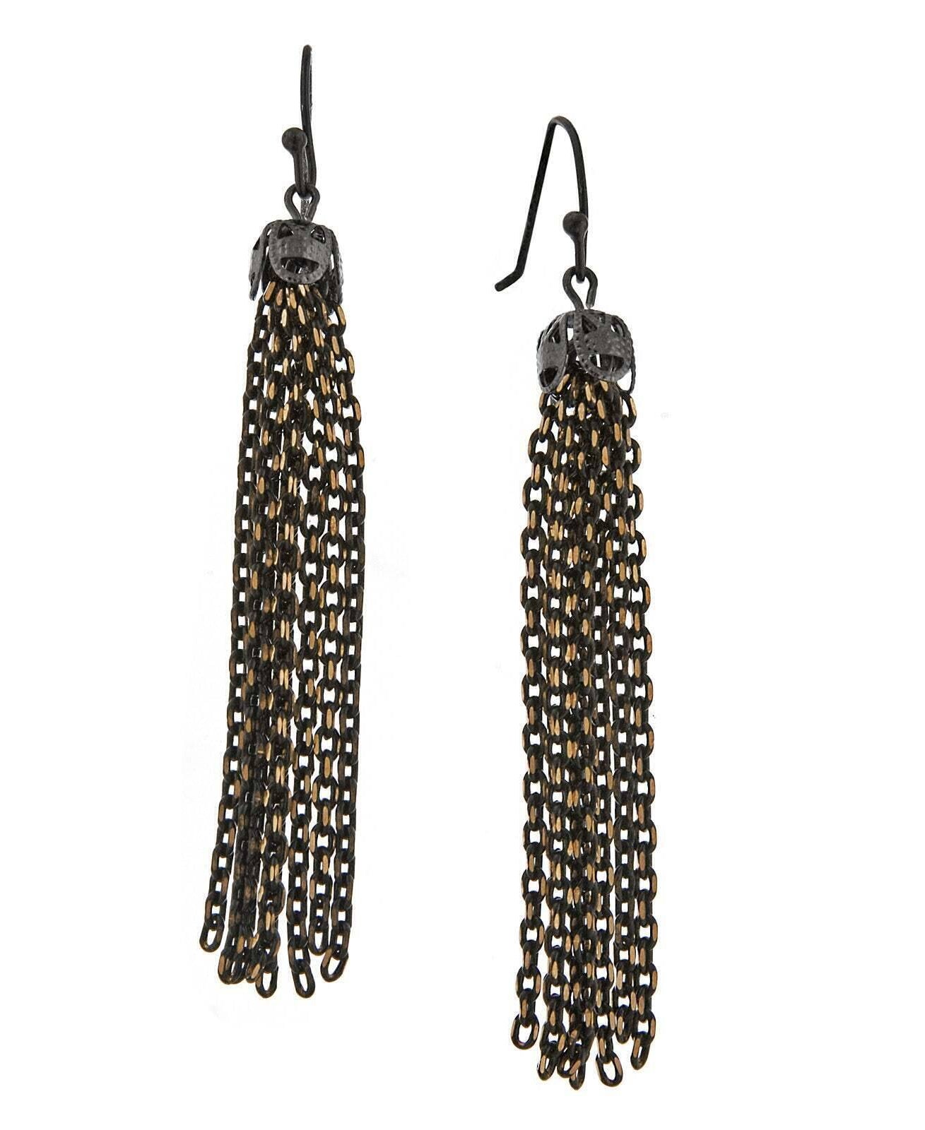 1928 Jewelry Eclipse Black And Gold Medium Chain Tassel Drop Earrings