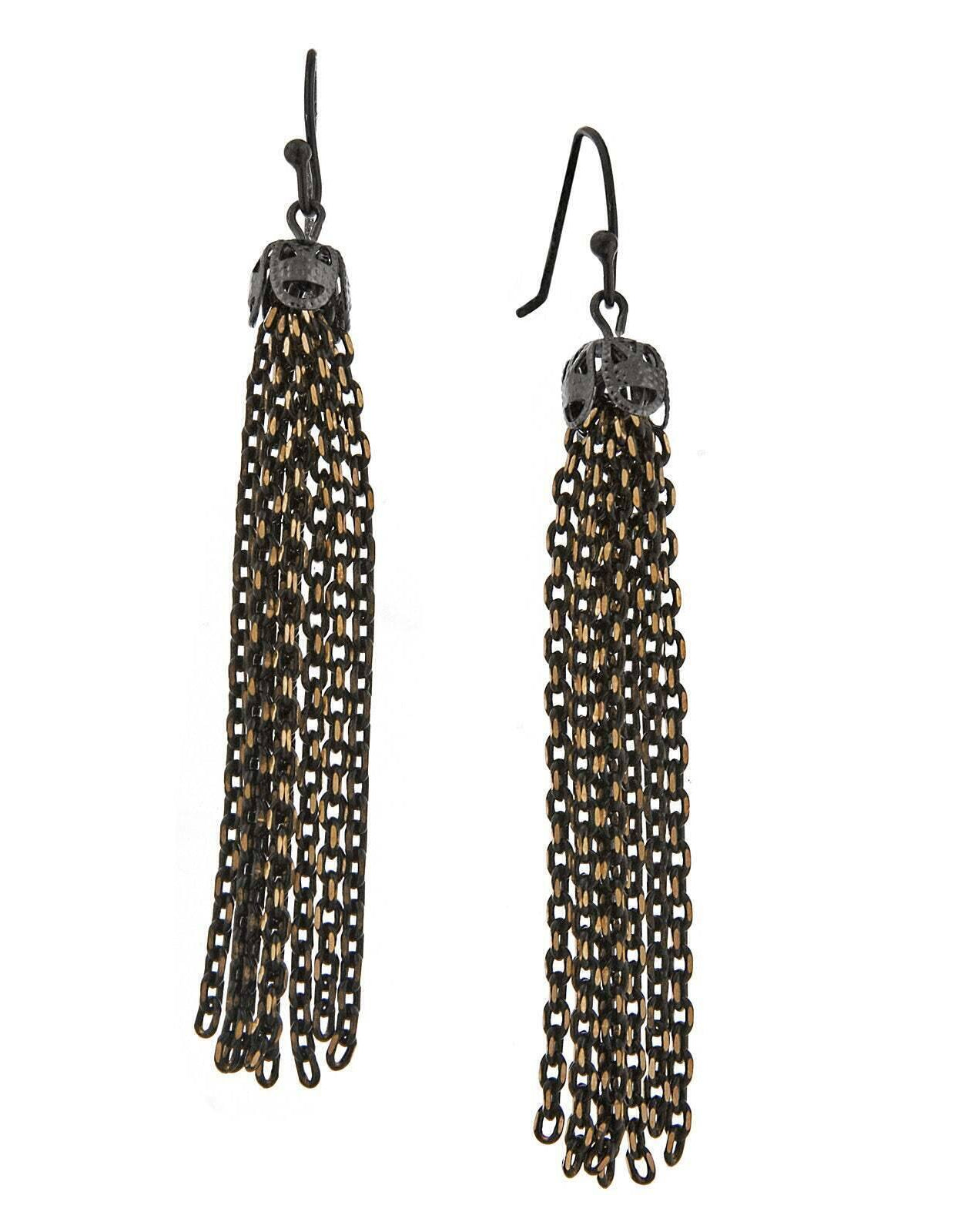 1928 Jewelry Eclipse Black And Gold Medium Chain Tassel Drop Earrings