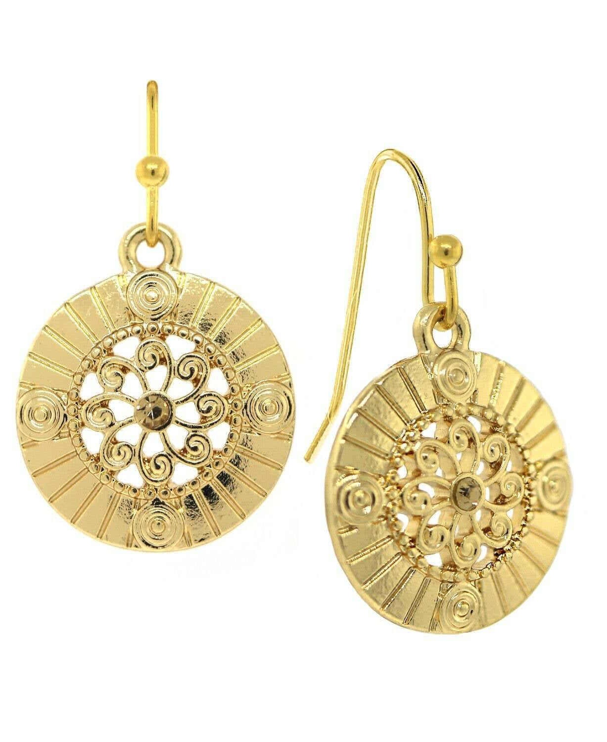 1928 Jewelry Round Disk Swirly Filigree Crystal Drop Earrings
