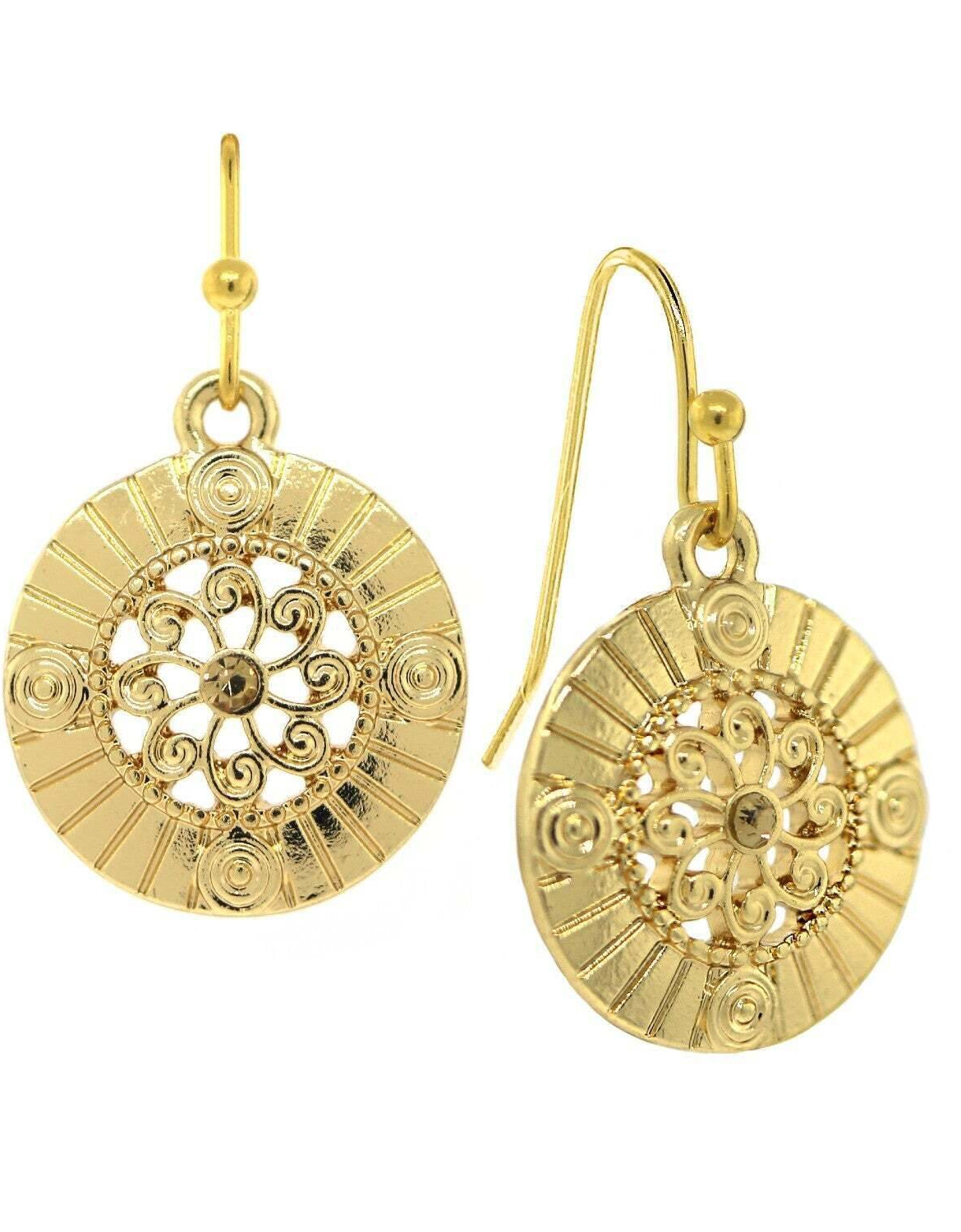 1928 Jewelry Round Disk Swirly Filigree Crystal Drop Earrings