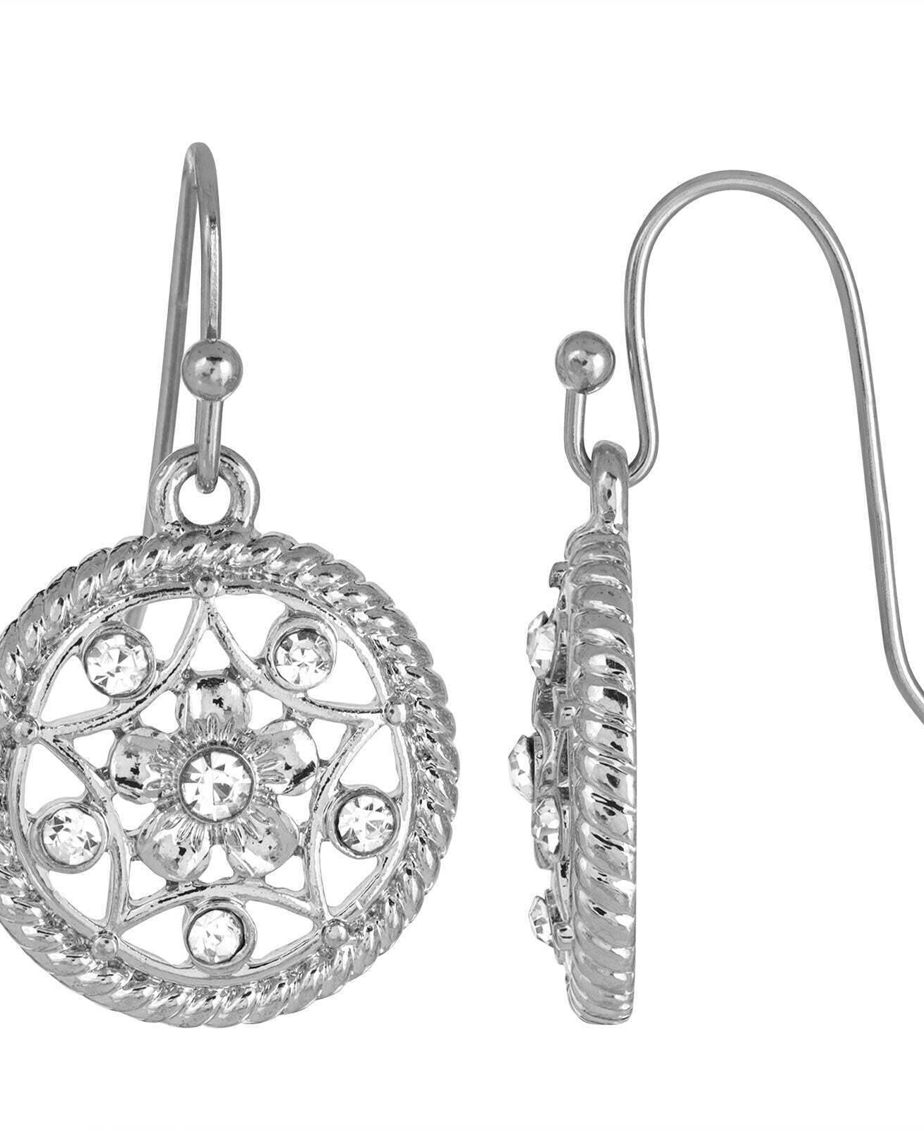 1928 Jewelry Star & Flower Motif Round Crystal Drop Earrings