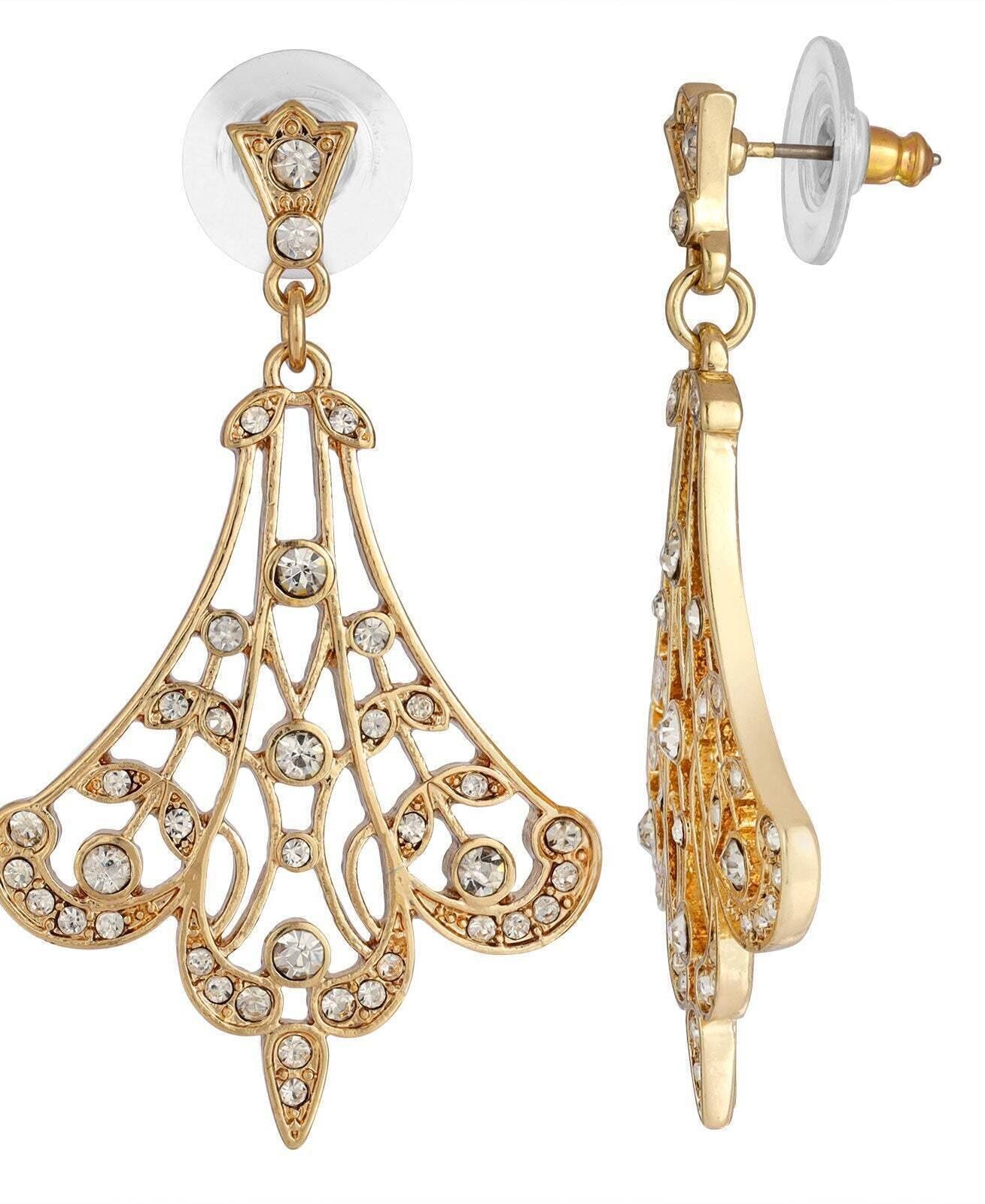 1928 Jewelry Crystal Fan Filigree Drop Earrings