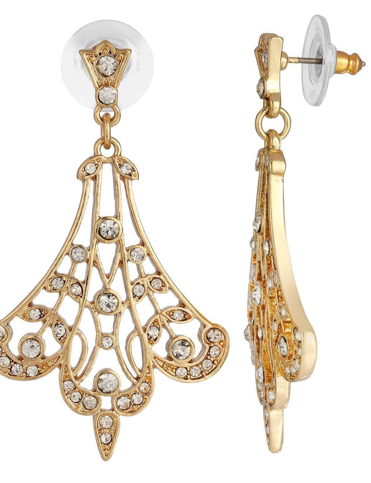 1928 Jewelry Crystal Fan Filigree Drop Earrings