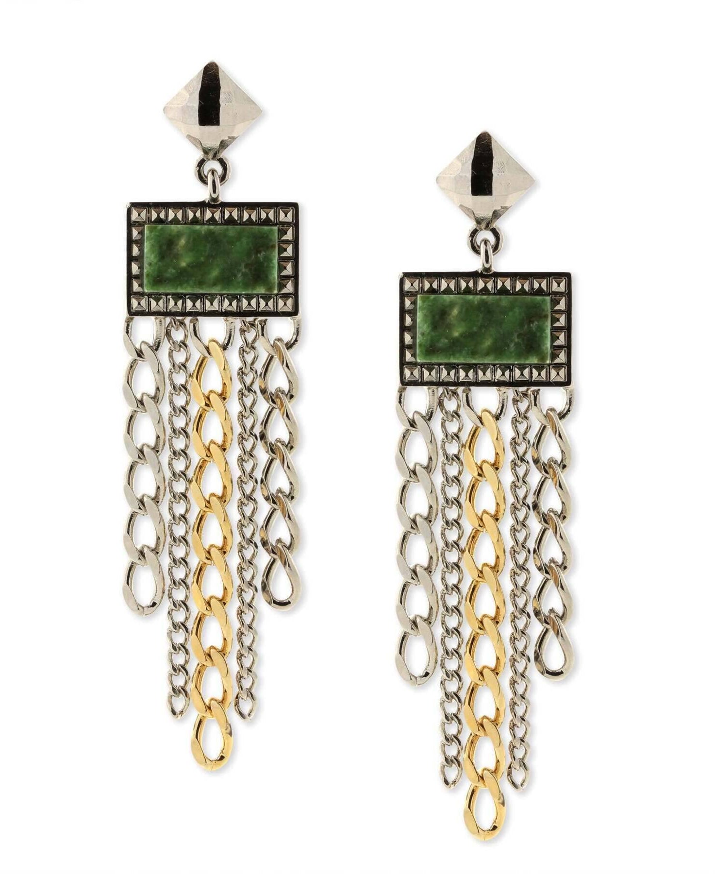 1928 Jewelry Silver & Square Gemstone Multi Chain Drop Earrings