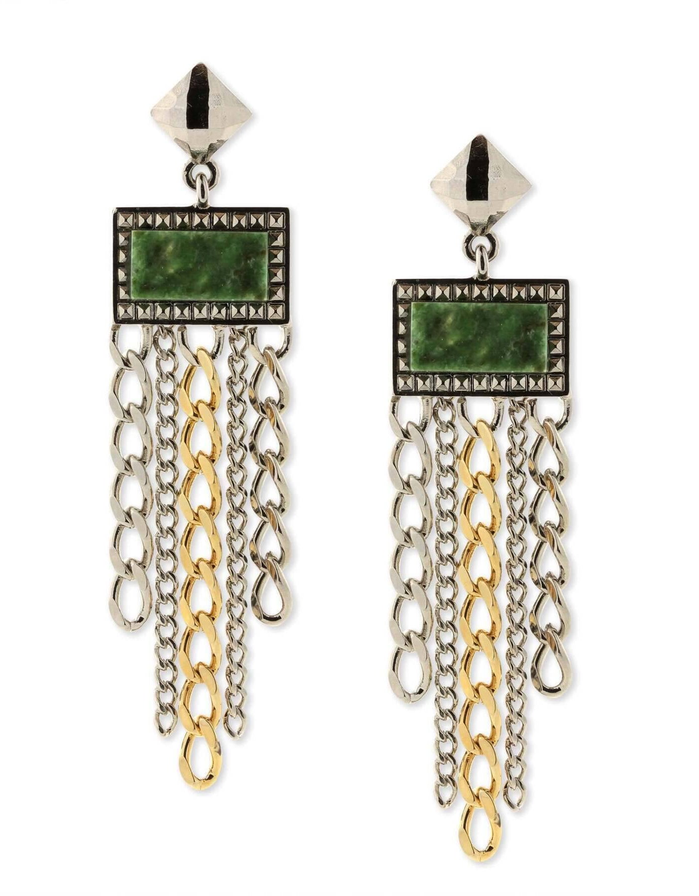 1928 Jewelry Silver & Square Gemstone Multi Chain Drop Earrings