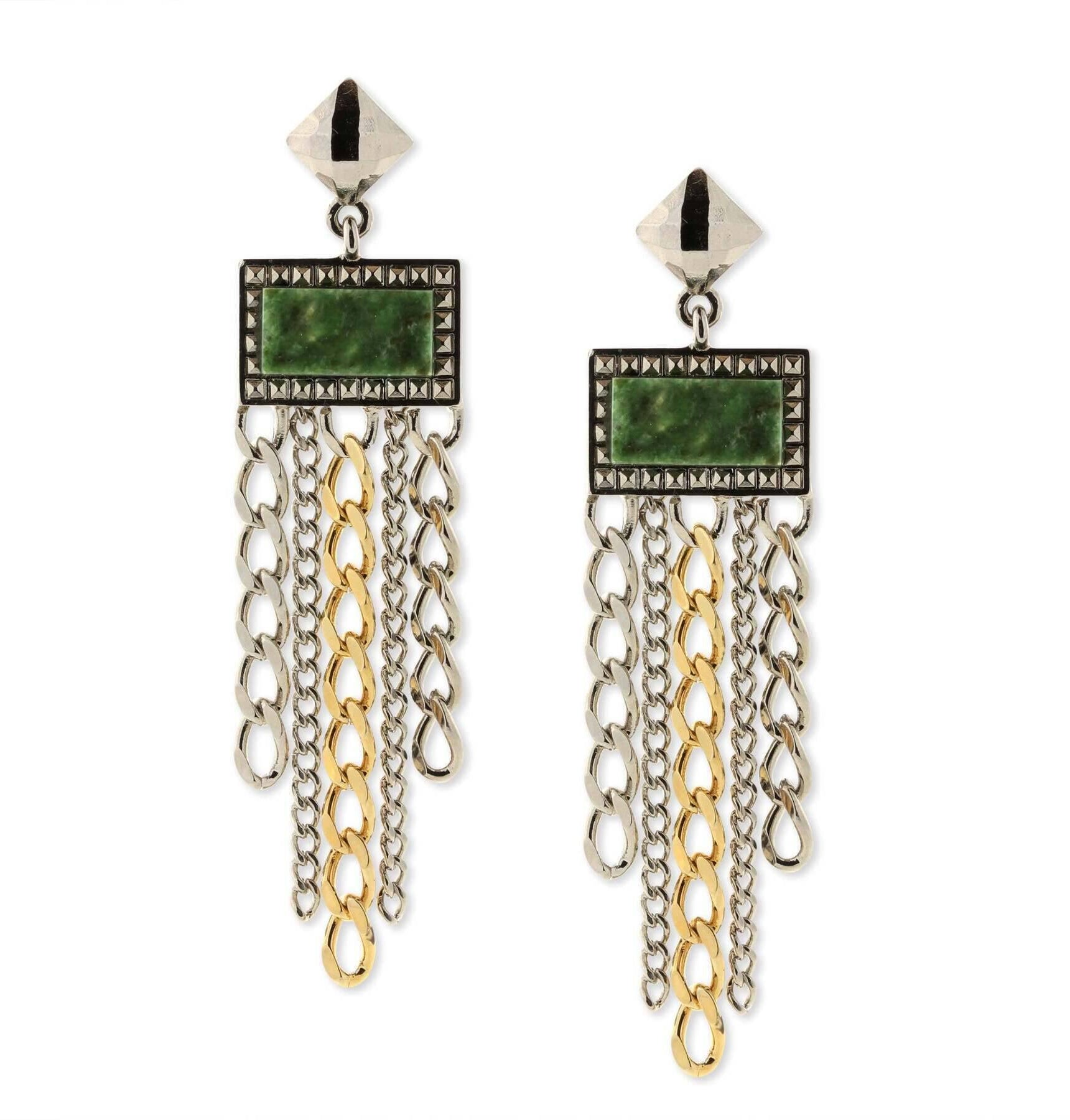 1928 Jewelry Silver & Square Gemstone Multi Chain Drop Earrings