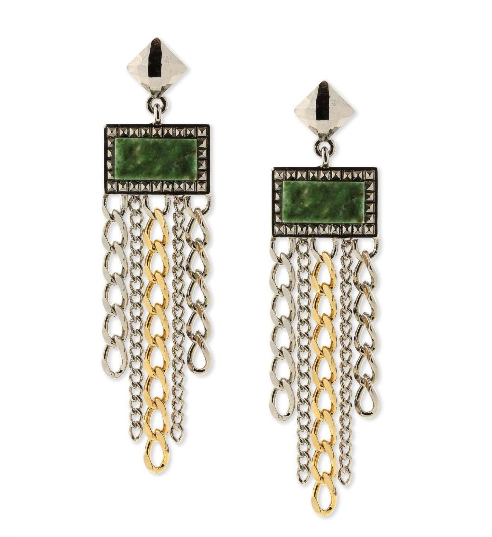 1928 Jewelry Silver & Square Gemstone Multi Chain Drop Earrings