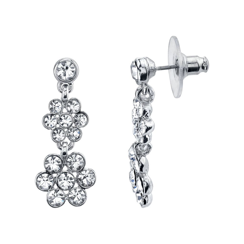 Silver Tone Crystal Flower Drop Earrings
