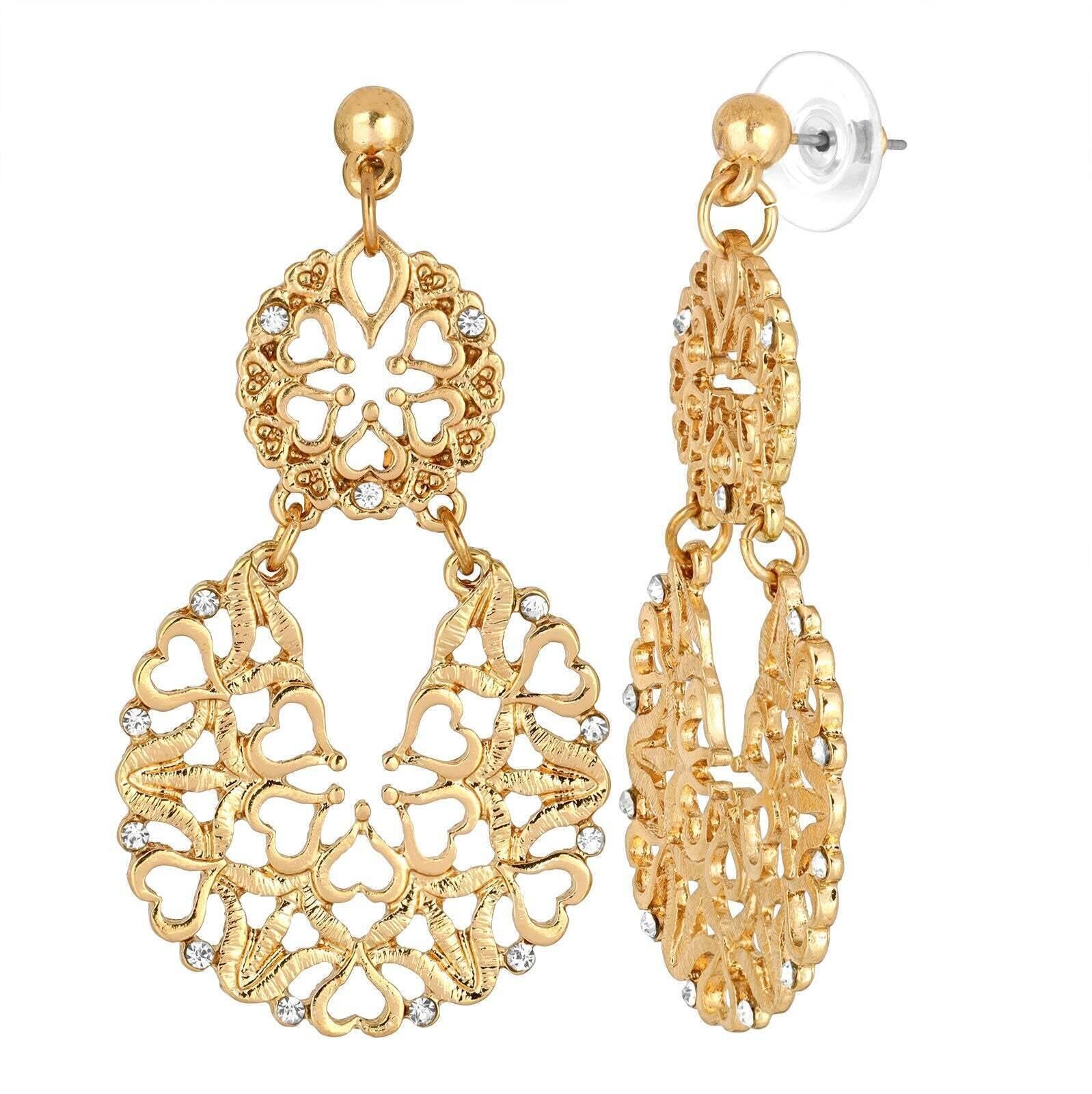 2028 Jewelry Heart Filigree Crystal Post Drop Earrings