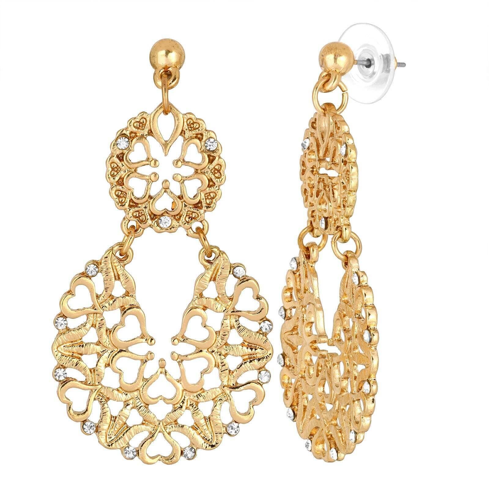 2028 Jewelry Heart Filigree Crystal Post Drop Earrings