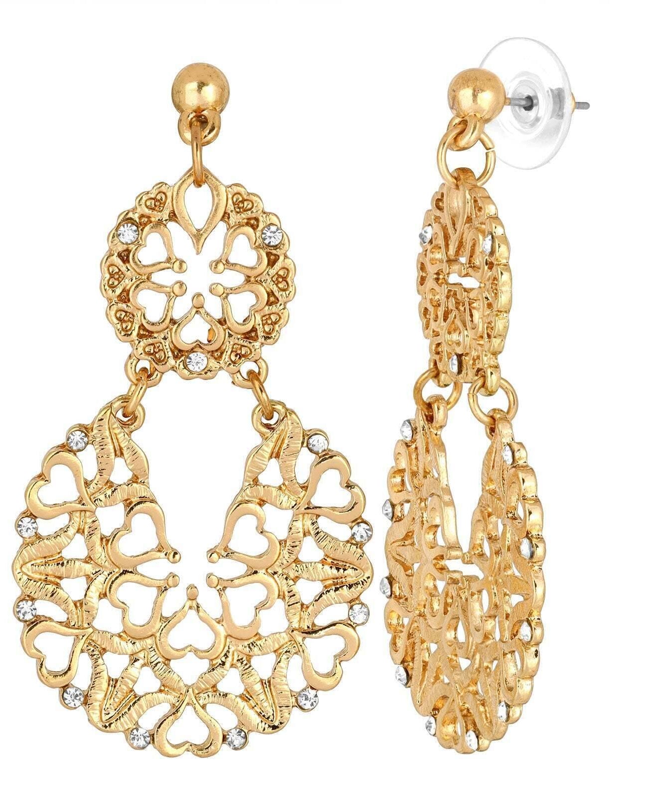 2028 Jewelry Heart Filigree Crystal Post Drop Earrings
