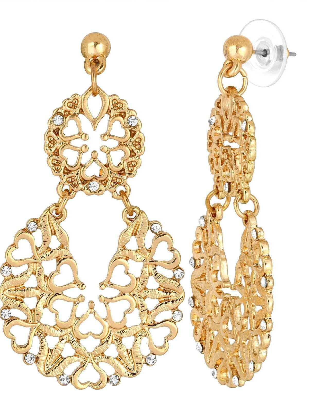 2028 Jewelry Heart Filigree Crystal Post Drop Earrings