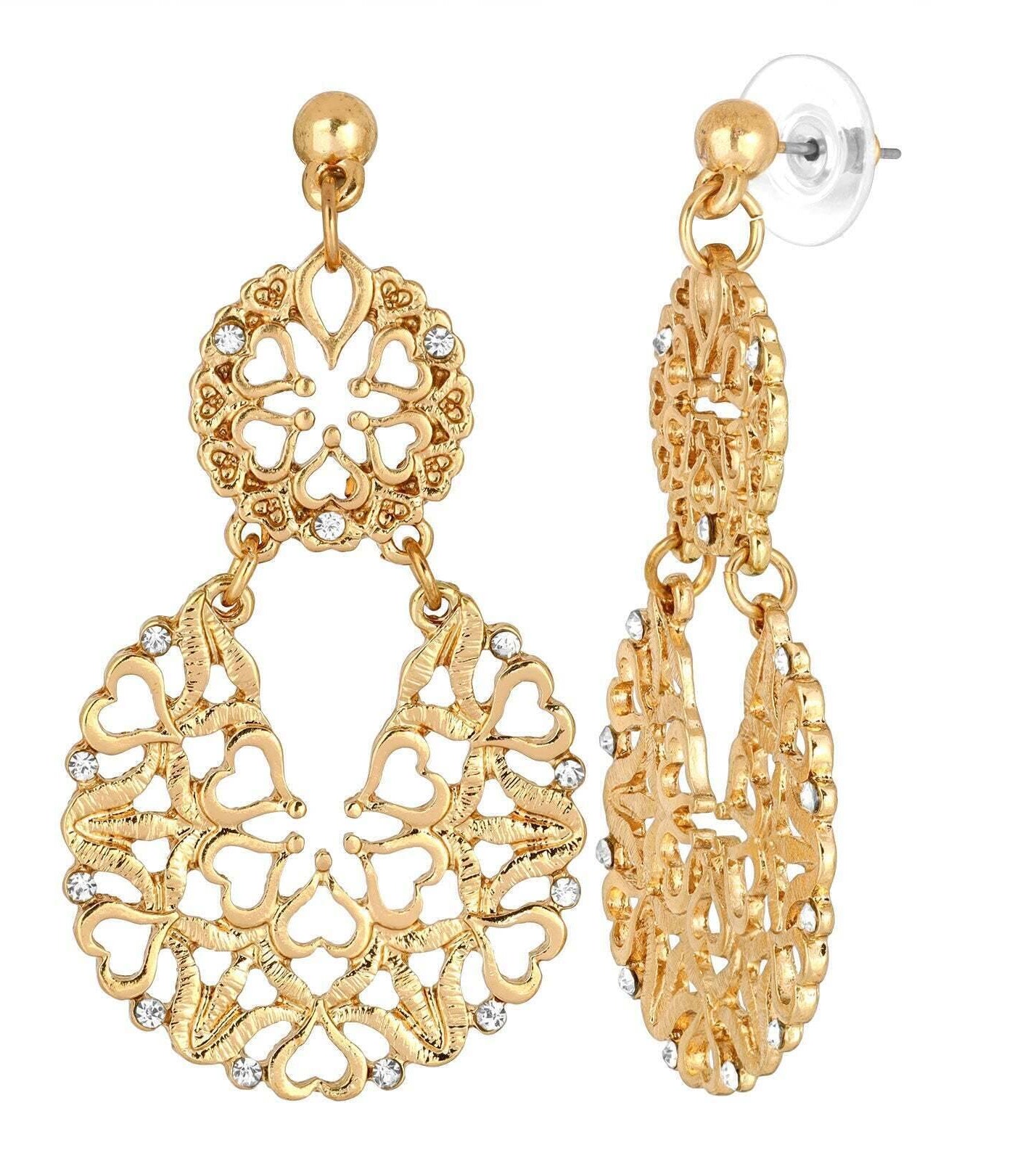 2028 Jewelry Heart Filigree Crystal Post Drop Earrings
