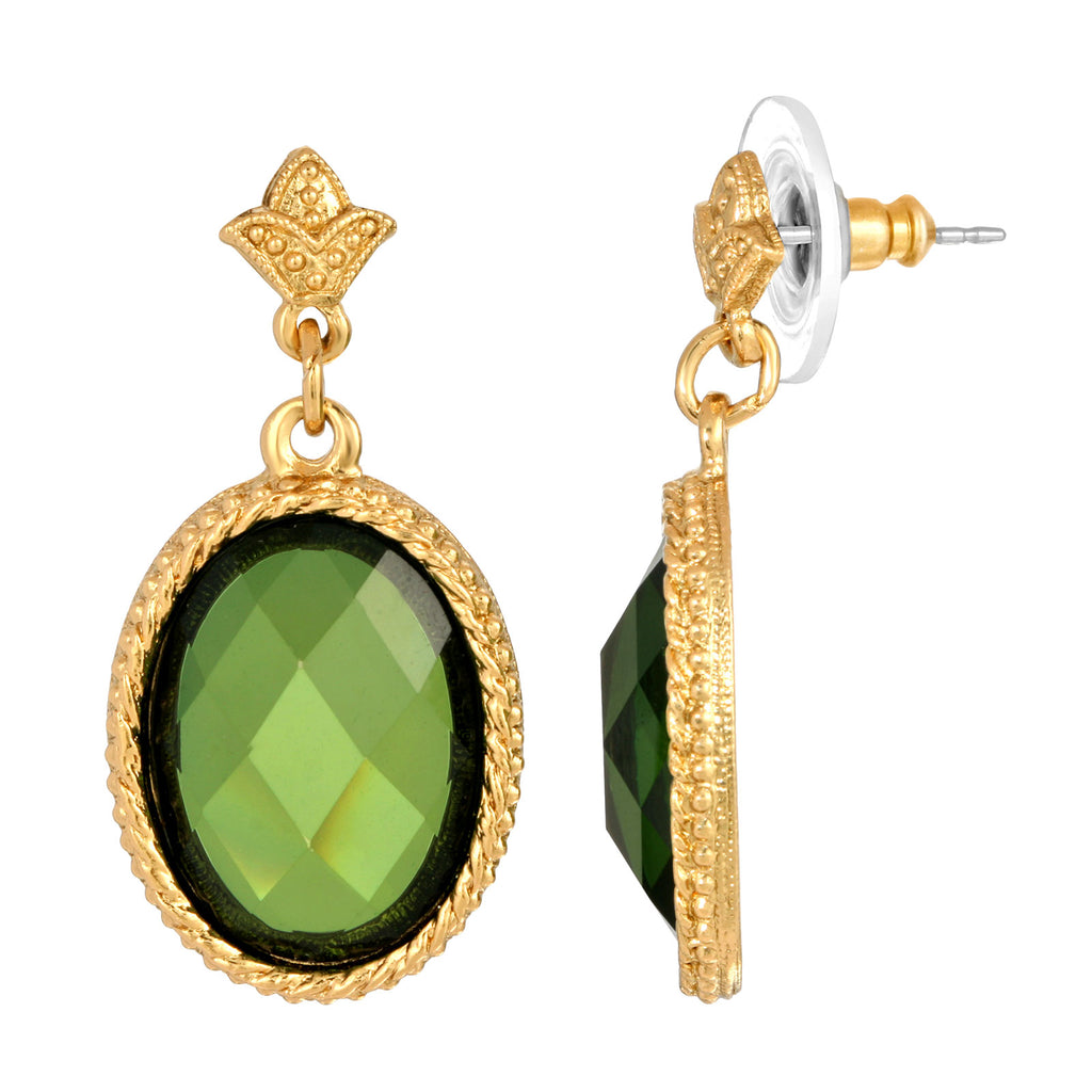 Green Oval Faceted Stone Floral Post Drop Earrings