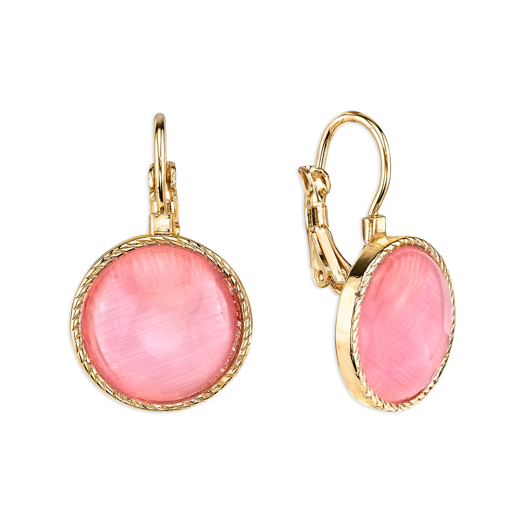 Pink Cats Eye Round Stone Rope Drop Earrings