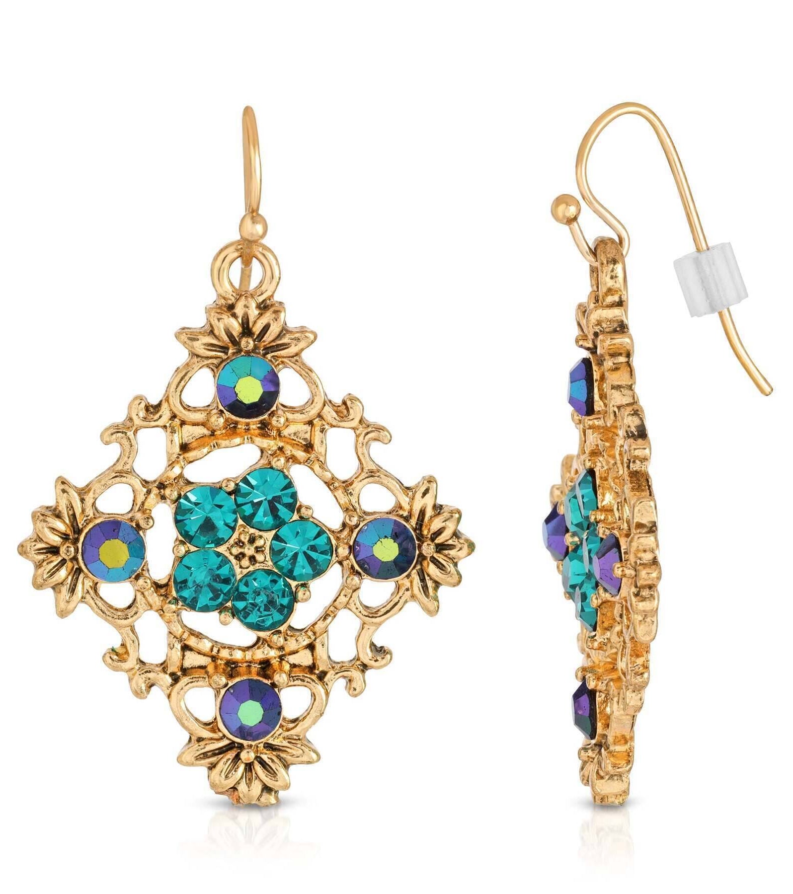 2028 Jewelry Diamond Shaped Filigree Flower Crystal Drop Earrings