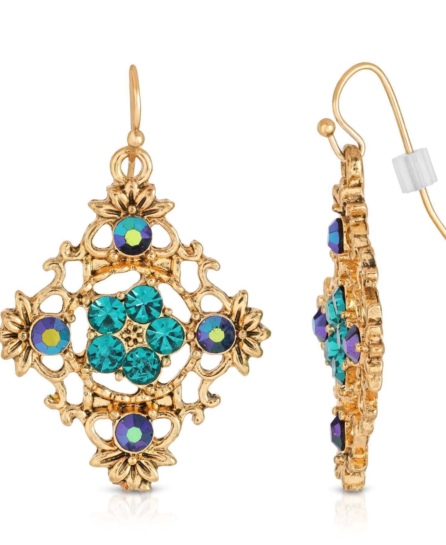 2028 Jewelry Diamond Shaped Filigree Flower Crystal Drop Earrings