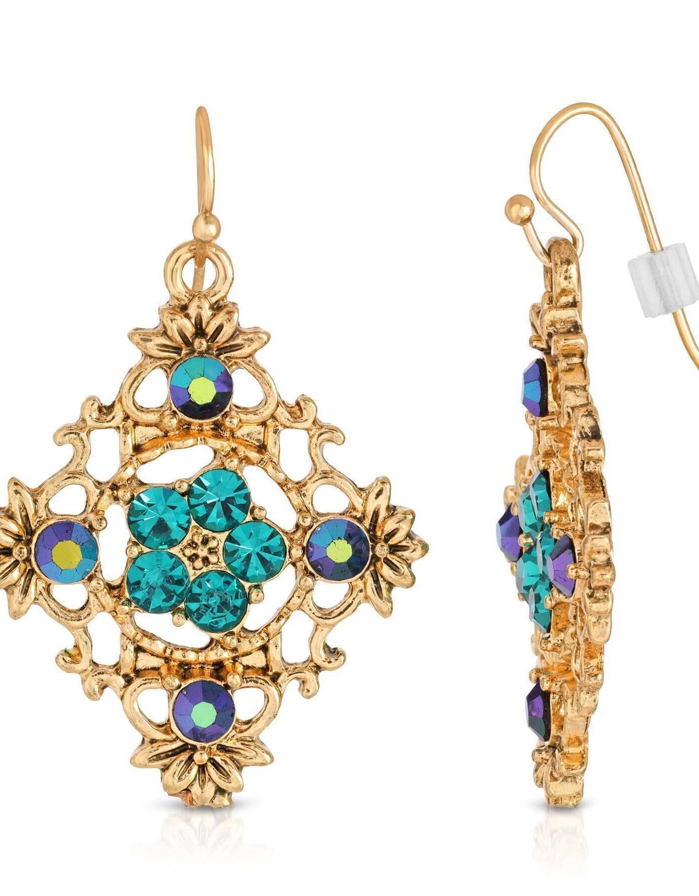 2028 Jewelry Diamond Shaped Filigree Flower Crystal Drop Earrings