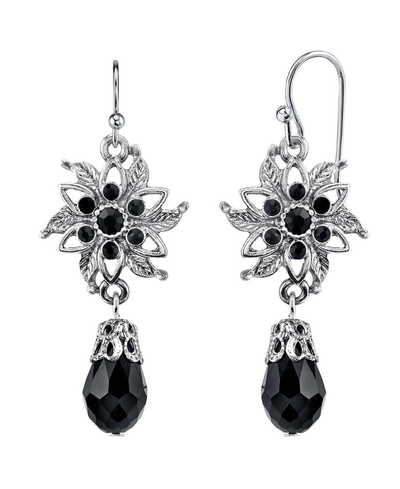 1928 Jewelry Black Crystal Flower Jet Crystal Dangling Earrings