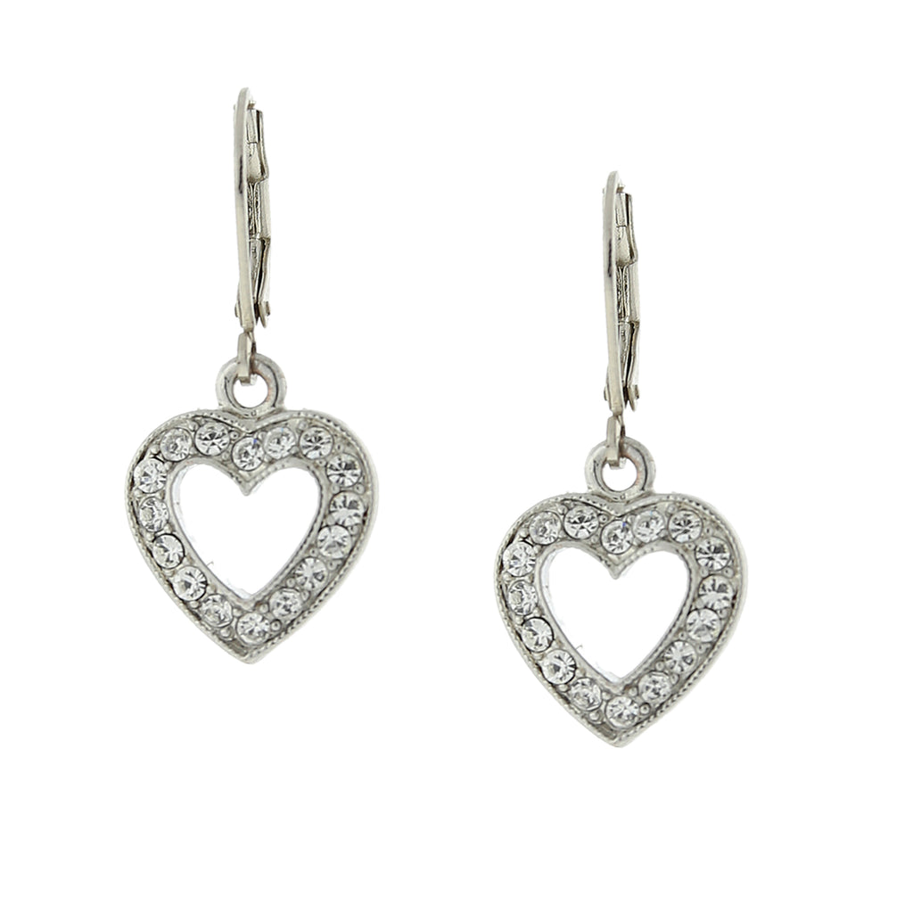 Silver Tone Crystal Heart Drop Earrings