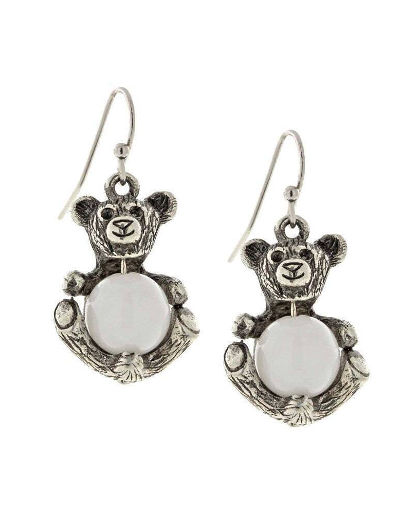 1928 Jewelry Pewter Round Gemstone Quartz Teddy Bear Wire Earrings