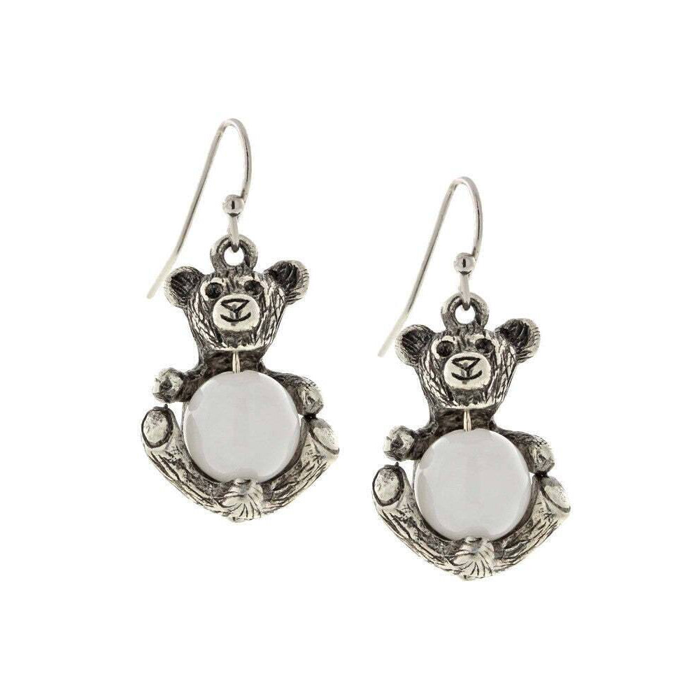1928 Jewelry Pewter Round Gemstone Quartz Teddy Bear Wire Earrings