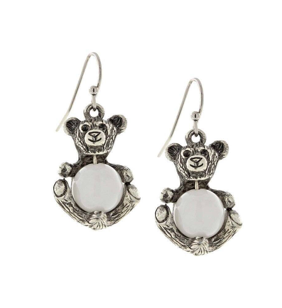 1928 Jewelry Pewter Round Gemstone Quartz Teddy Bear Wire Earrings