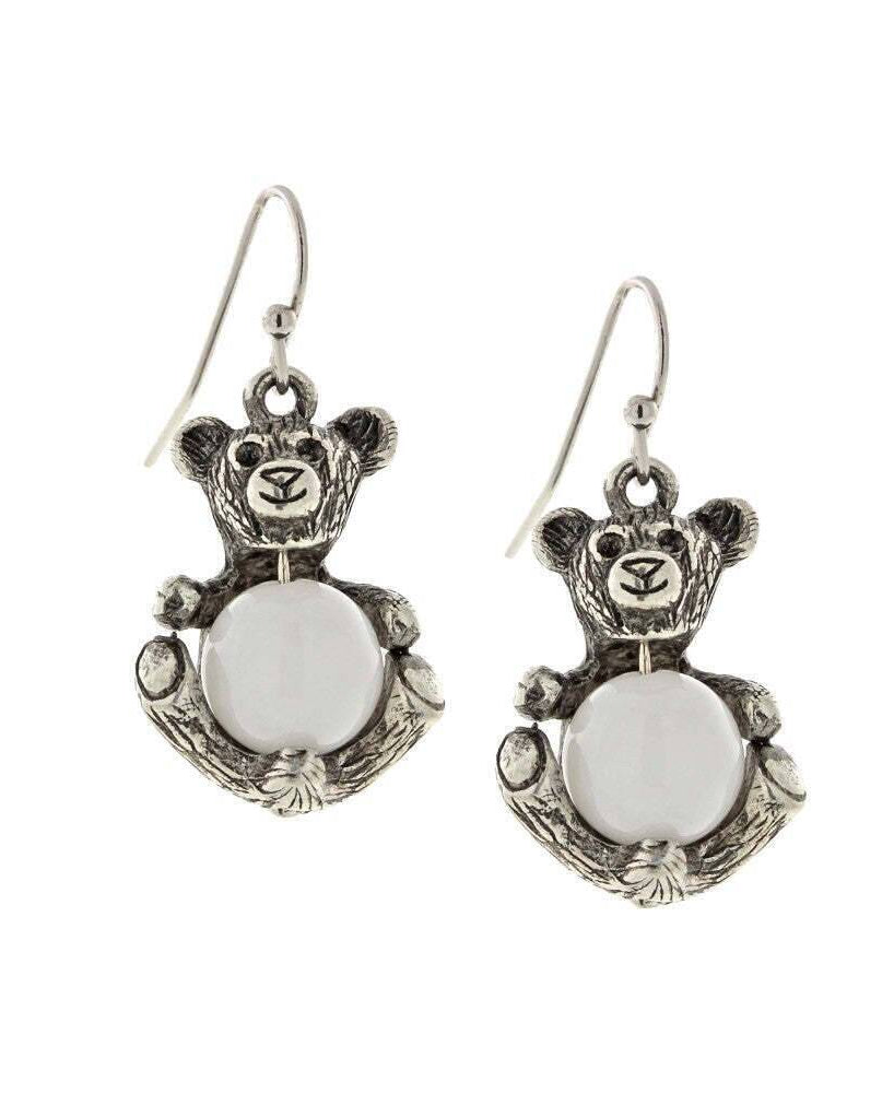 1928 Jewelry Pewter Round Gemstone Quartz Teddy Bear Wire Earrings