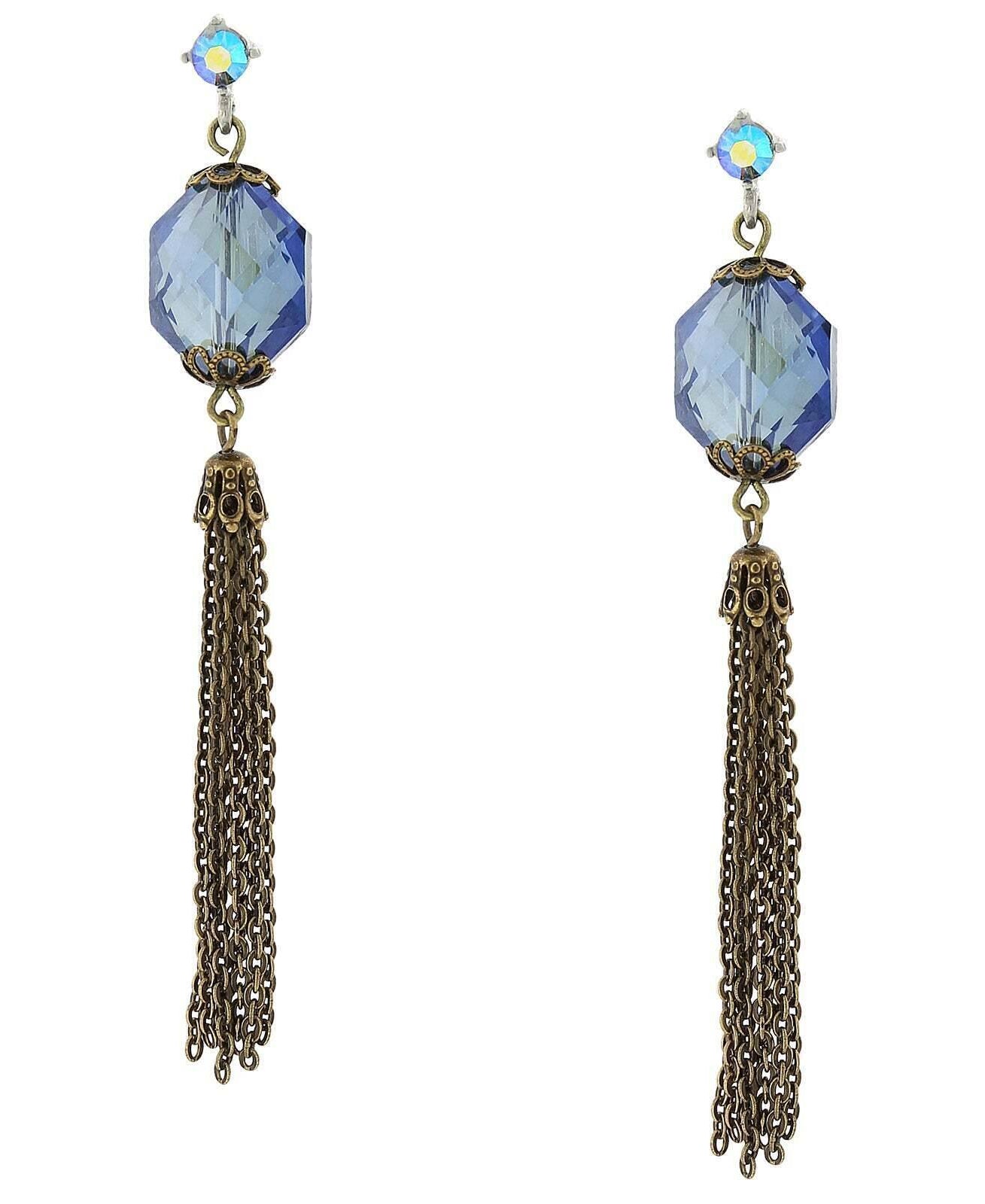 2028 Jewelry Burnished Brass Blue Ab Crystal Linear Tassel Earrings