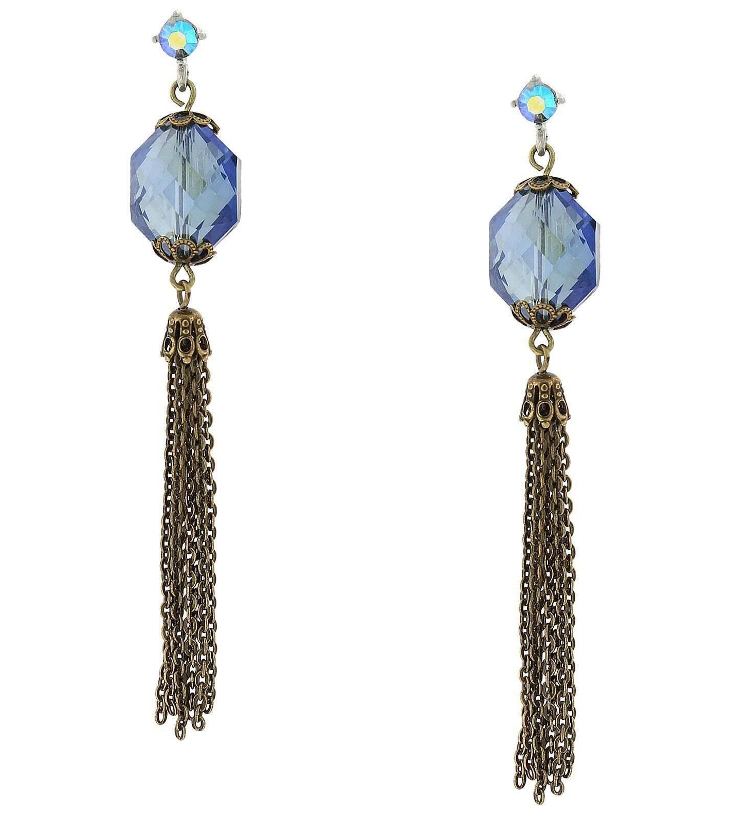 2028 Jewelry Burnished Brass Blue Ab Crystal Linear Tassel Earrings
