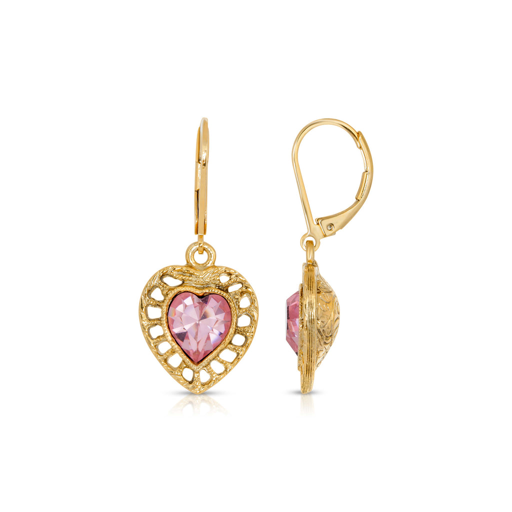 14K Gold Dipped Pink Genuine Austrian Crystal Heart Drop Earrings