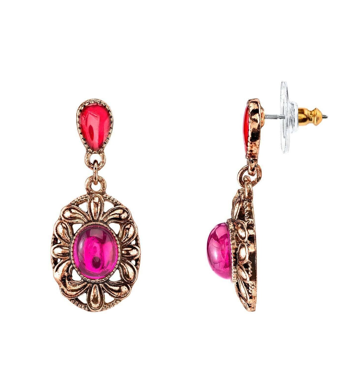 1928 Jewelry Fuchsia Oval Drop Earrings