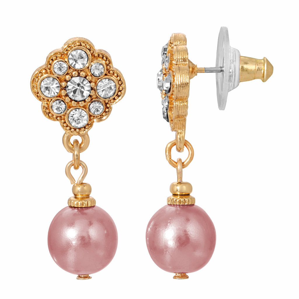 Pink Faux Pearl and Floral Crystal Post Earrings