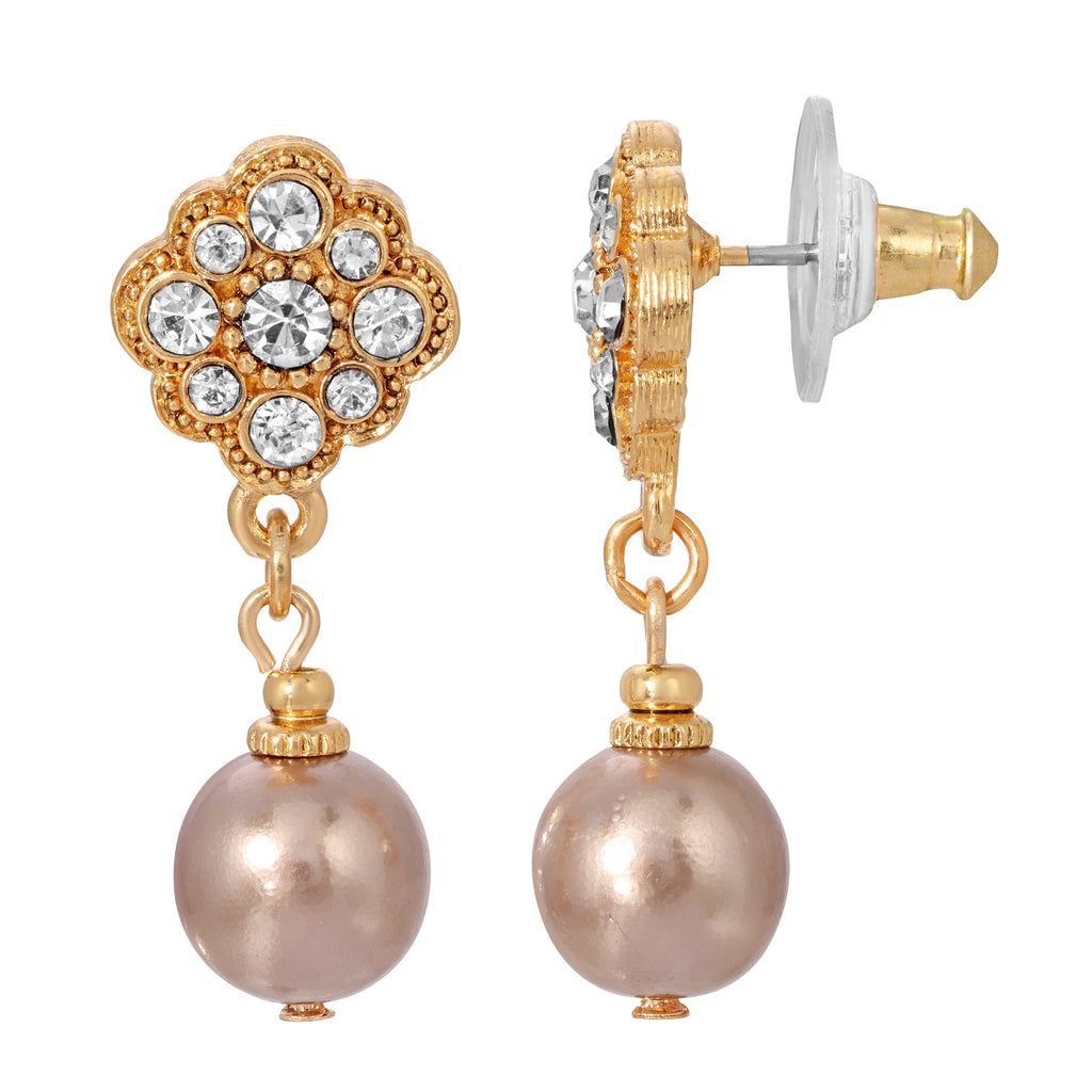 Gold Tone Faux Sandy Taupe Pearl And Crystal Drop Earrings