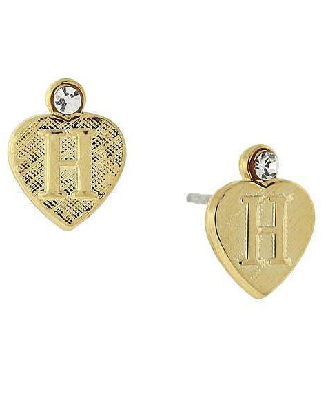 1928 Jewelry Round Crystal Gold Initial Heart Stud Earrings