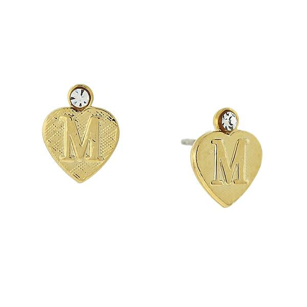 14K Gold Dipped Crystal Accent Initial Heart Stud Earrings M