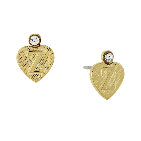 14K Gold Dipped Crystal Accent Initial Heart Stud Earrings