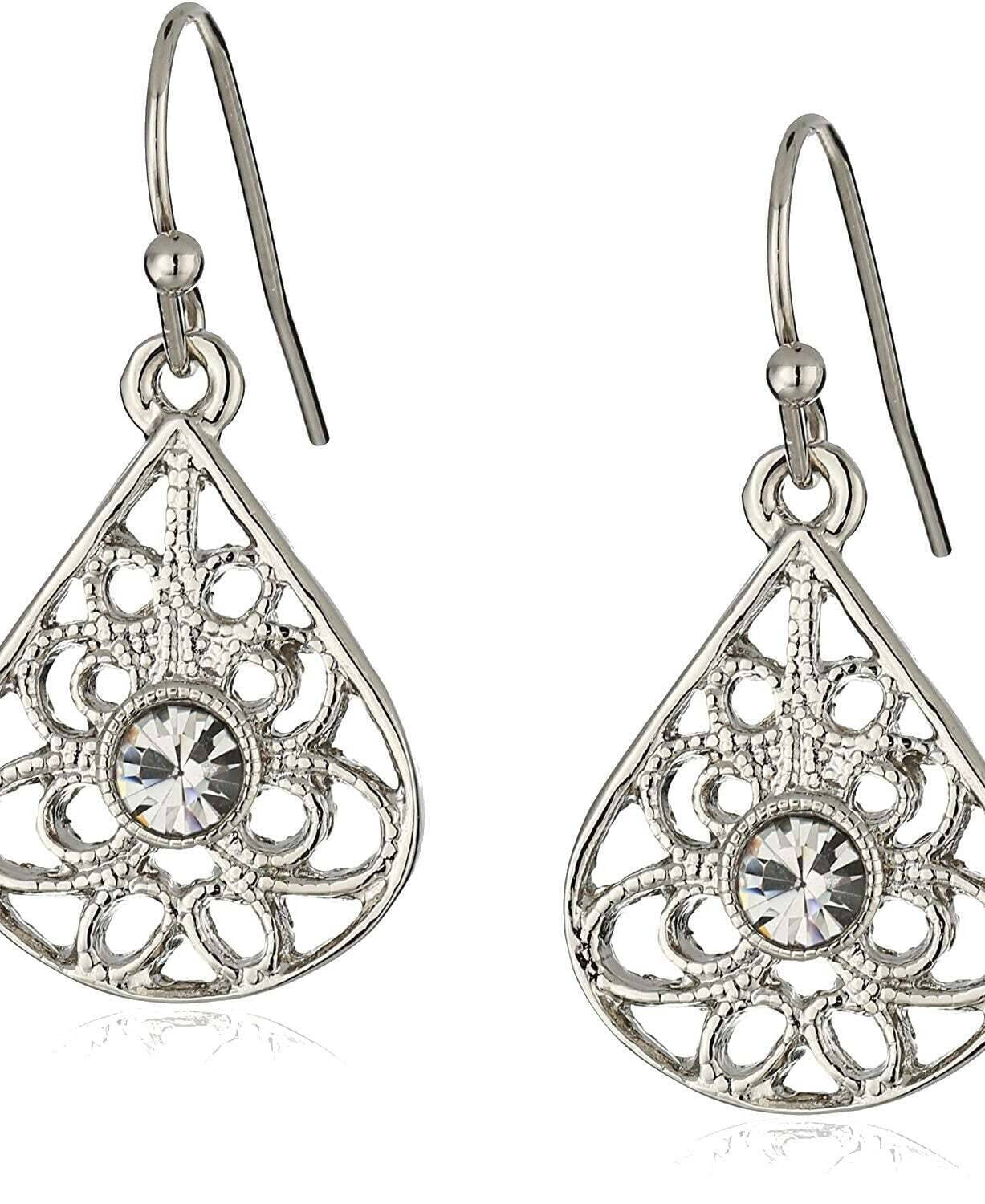 1928 Jewelry Petite Round Crystal Filigree Teardrop Earrings
