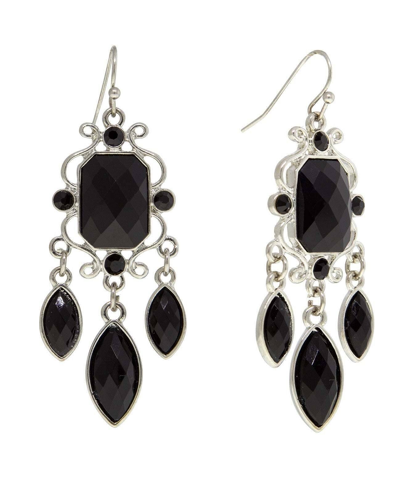 2028 Jewelry Black Octagon & Oval Crystal Drop Earrings